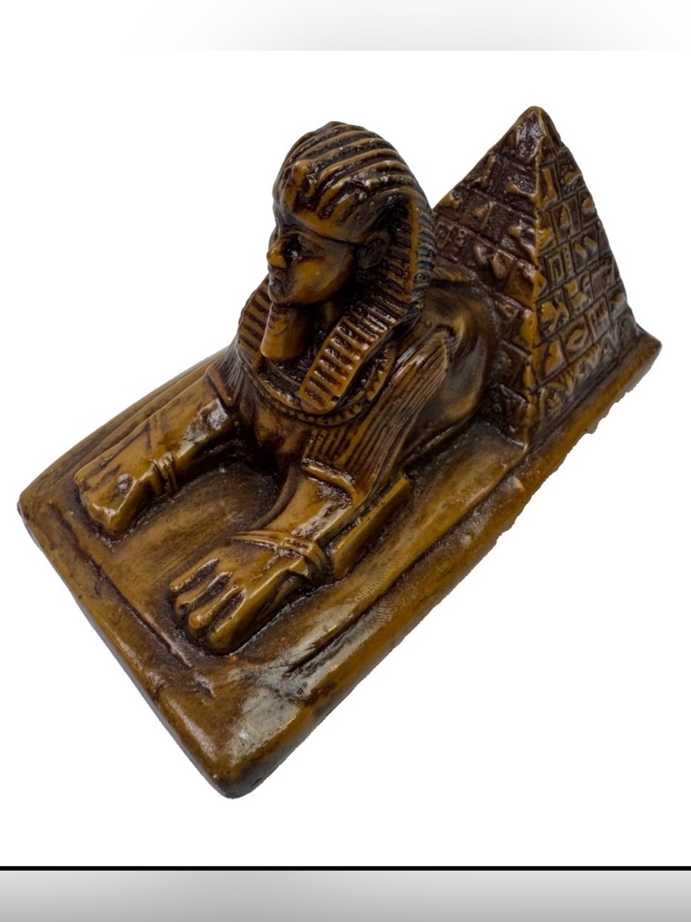 VTG Egyptian Sphinx & Pyramid Figurine Paperweight Hieroglyphics Brown 4.5”
Egy